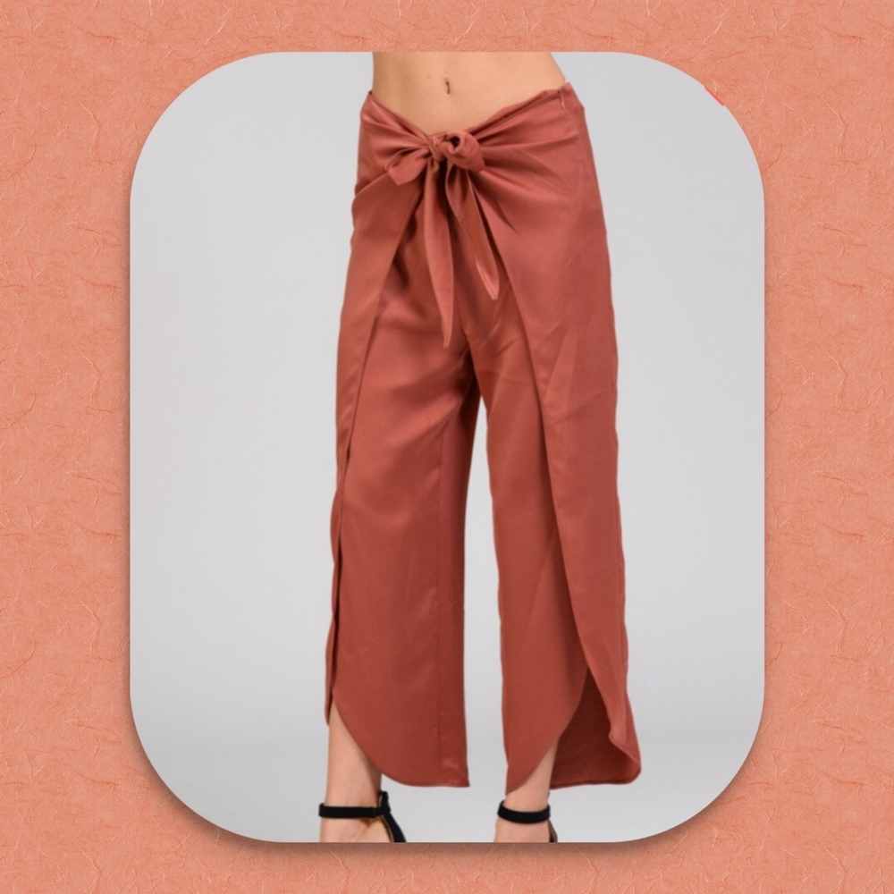 Satin Dress Pants Tulip Hems Palazzo Rust Pumpkin - Picture 2 of 11